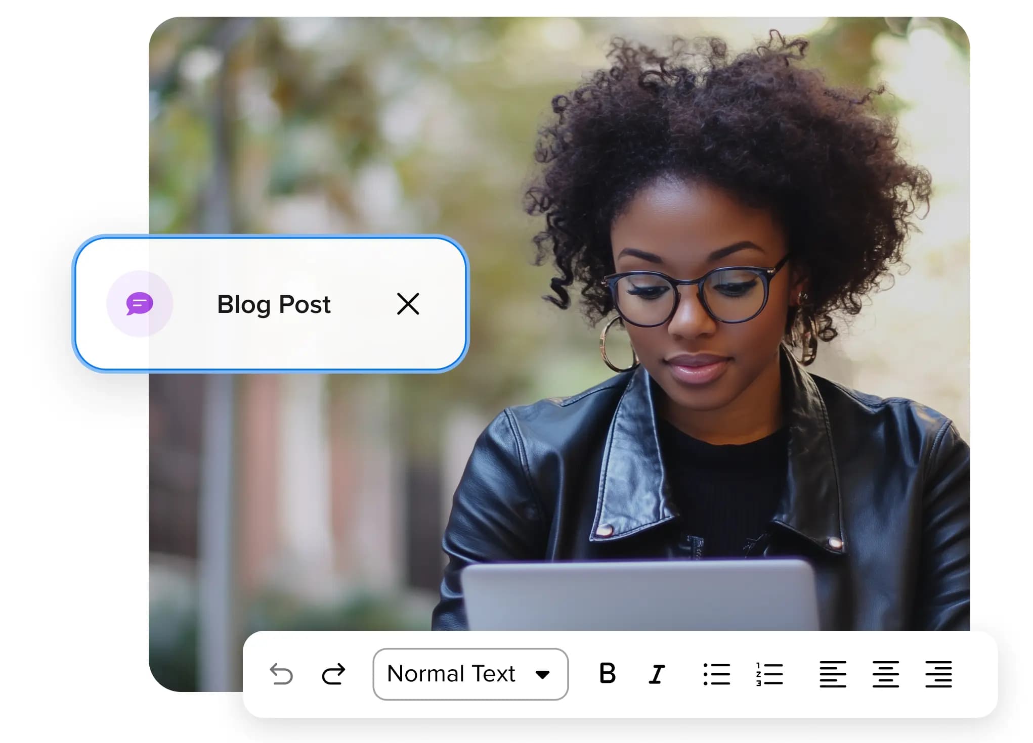 Woman using AI content builder to create a blog post on a laptop